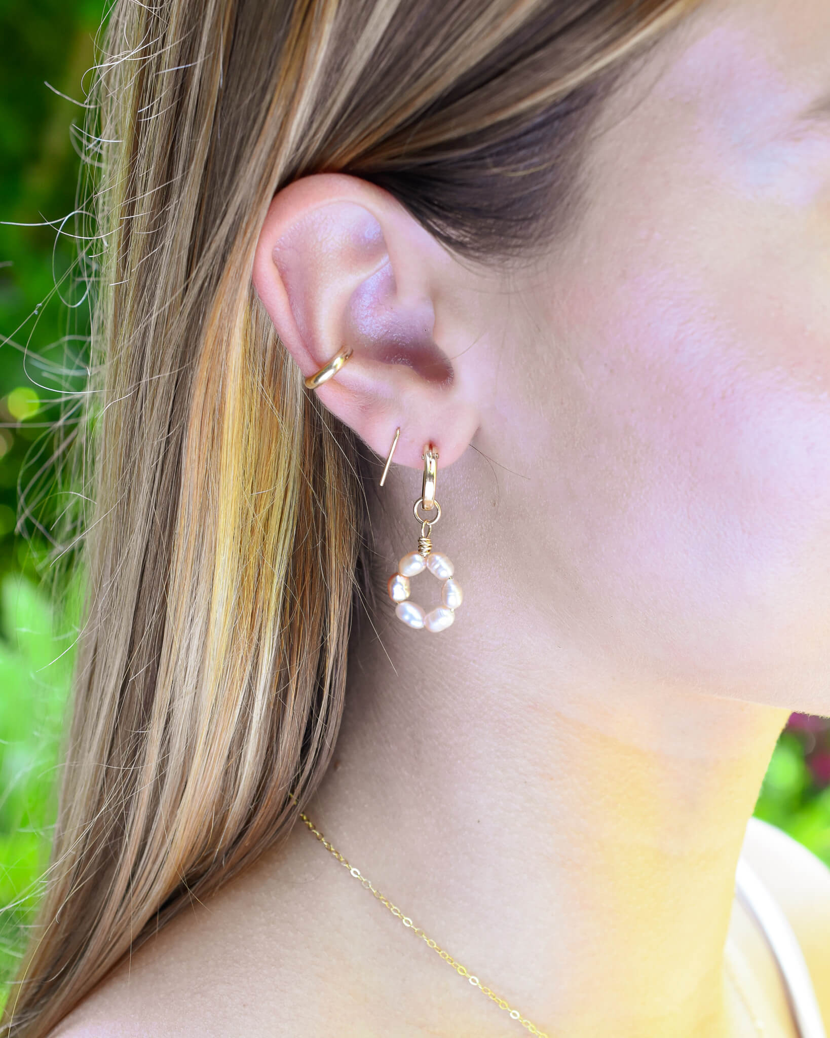 Flower Pearl Charm Hoops